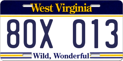 WV license plate 8OX013