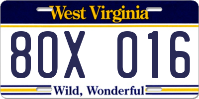 WV license plate 8OX016