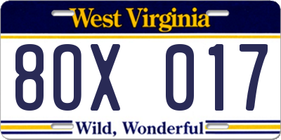 WV license plate 8OX017