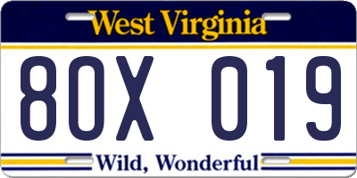 WV license plate 8OX019