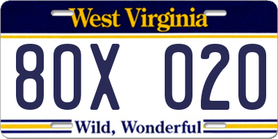 WV license plate 8OX020