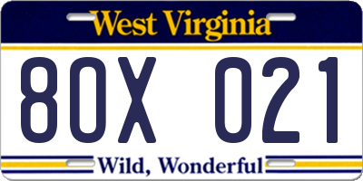 WV license plate 8OX021
