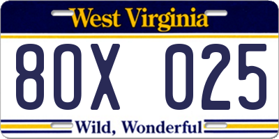 WV license plate 8OX025