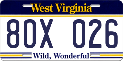 WV license plate 8OX026