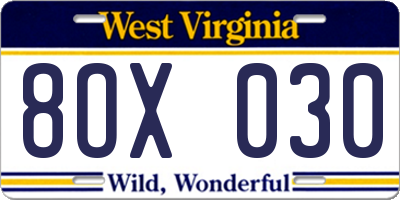 WV license plate 8OX030
