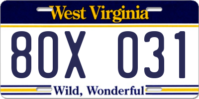 WV license plate 8OX031