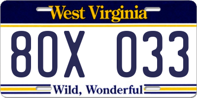WV license plate 8OX033