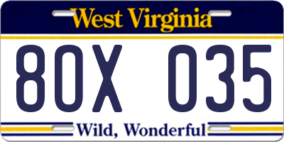 WV license plate 8OX035