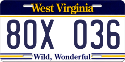 WV license plate 8OX036