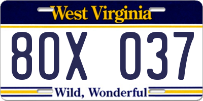 WV license plate 8OX037