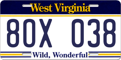 WV license plate 8OX038
