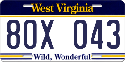 WV license plate 8OX043