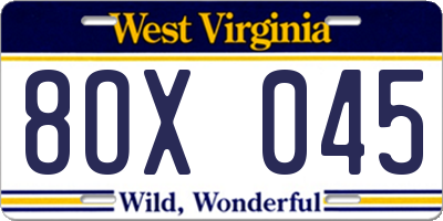 WV license plate 8OX045