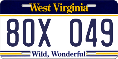 WV license plate 8OX049