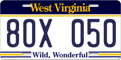 WV license plate 8OX050