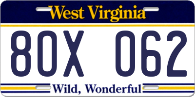 WV license plate 8OX062