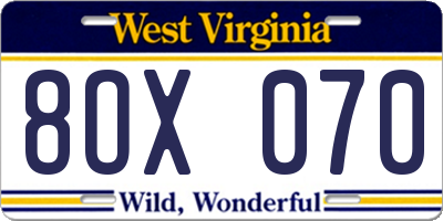 WV license plate 8OX070