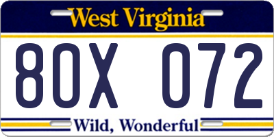 WV license plate 8OX072