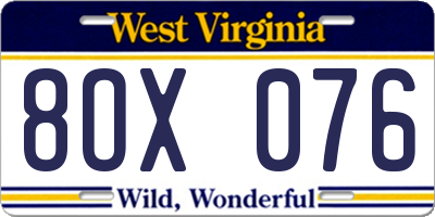 WV license plate 8OX076