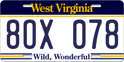WV license plate 8OX078
