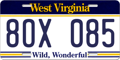WV license plate 8OX085