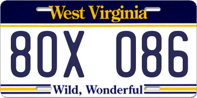 WV license plate 8OX086
