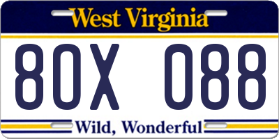 WV license plate 8OX088
