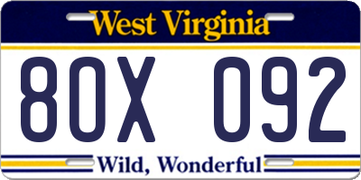 WV license plate 8OX092