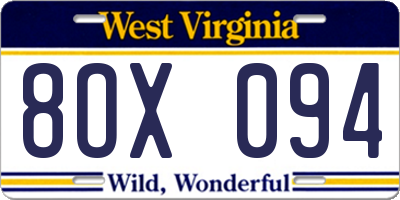 WV license plate 8OX094