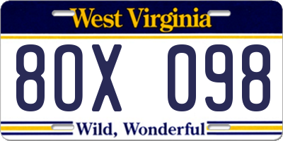 WV license plate 8OX098