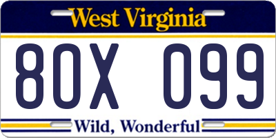 WV license plate 8OX099