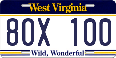 WV license plate 8OX100