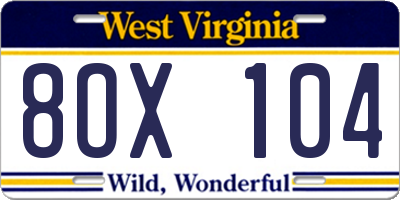 WV license plate 8OX104