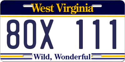 WV license plate 8OX111
