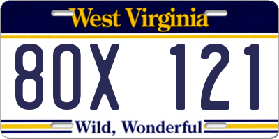 WV license plate 8OX121