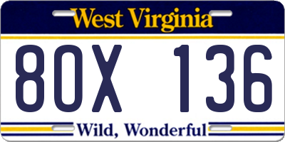 WV license plate 8OX136