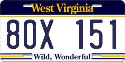 WV license plate 8OX151