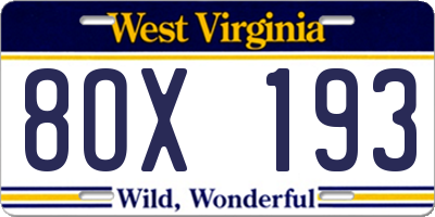WV license plate 8OX193