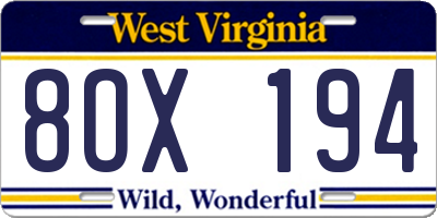 WV license plate 8OX194