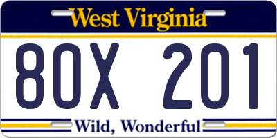 WV license plate 8OX201