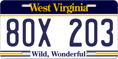 WV license plate 8OX203