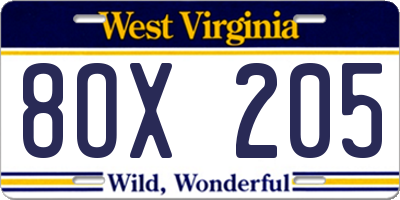 WV license plate 8OX205