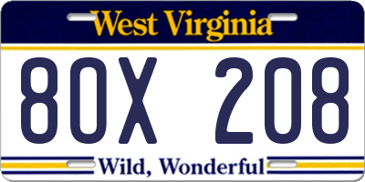 WV license plate 8OX208