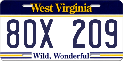 WV license plate 8OX209