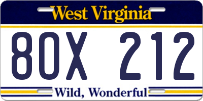 WV license plate 8OX212