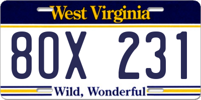 WV license plate 8OX231