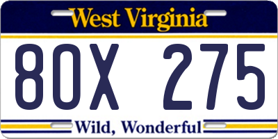 WV license plate 8OX275