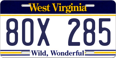 WV license plate 8OX285
