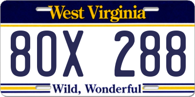 WV license plate 8OX288