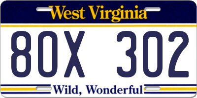 WV license plate 8OX302